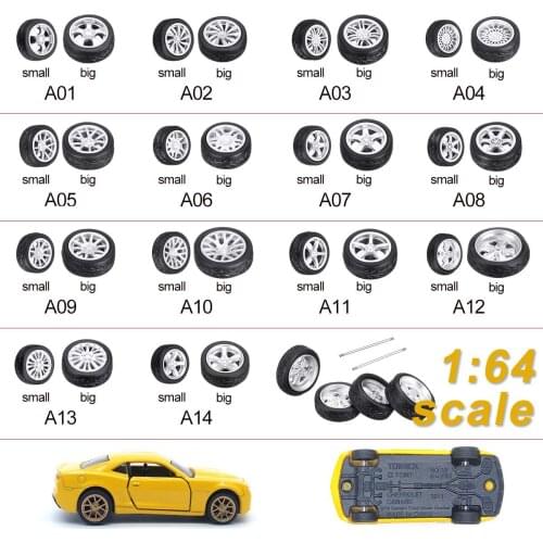 4 Pcs/Set big+Small 1:64 Car Wheels Tire modified wheel A01-14 Style wheel rubber tire multi-card wind wheel Green light silver
