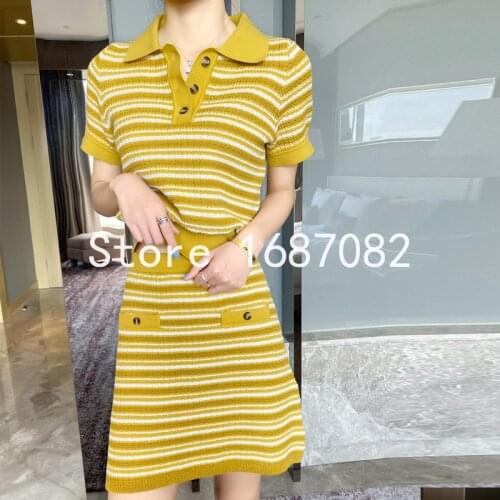 2 pieces set 2020 summer women designer casual color block striped short sleeve knitted sweater top + mini skirt sets JC516