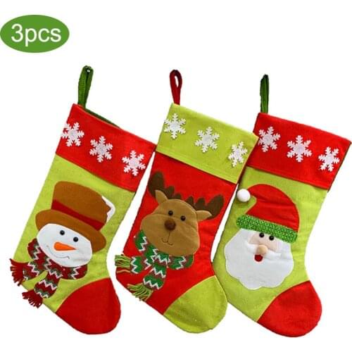 3pcs Christmas Stockings Candy Present Bags With Hanging Hoop Santa Claus Snowman Elk Socks Pendant For Home New Year Xmas Tree
