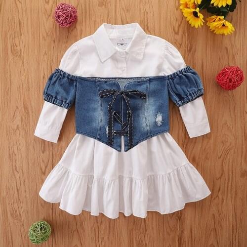 2Pcs Fashion Autumn Little Girls Dress Outfit Suit Sweet Lapel Flouncing Long Sleeve Shirt Dress+Tie Up Denim Vest Toddler Set