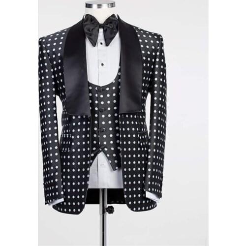Two Piece Mens Suits Dot Slim Fit Peaked Lapel Groomsmen Wear Jacket+Vest Custom Made Prom Dress Groom Tuxedos Wedding Suit