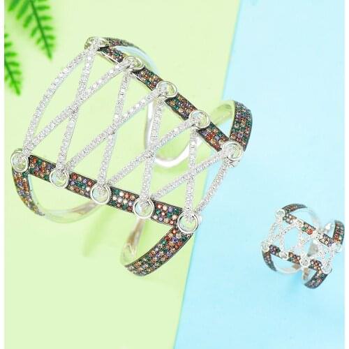 LARRAURI 2PCS Wide Big Corset Bracelets/Ring Jewelry Sets Luxury Cubic Zirconia Girls Women Patry Wedding Open Bangle Rings 2020