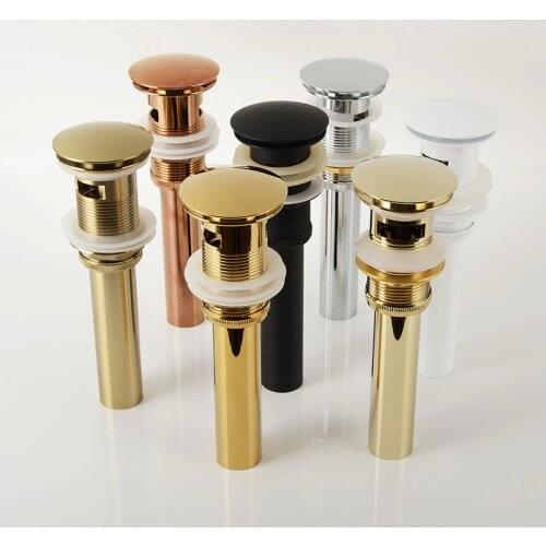 Brass Drain Black/White/Chrome Plated/Gold/rose gold/ORB Bathroom Basin Push Down Pop-Up Drain With/Without Overflow Hole Design
