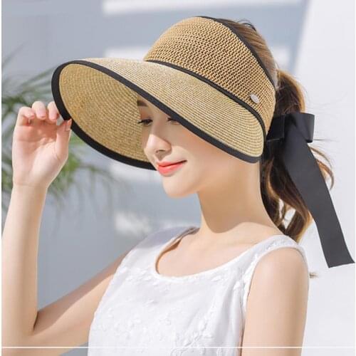 Summer New Womens Sun Hat Bucket Cap Bowknot Flowers Ribbon Flat top Panama Soft Straw Hat Beach Caps Female Foldable Visor