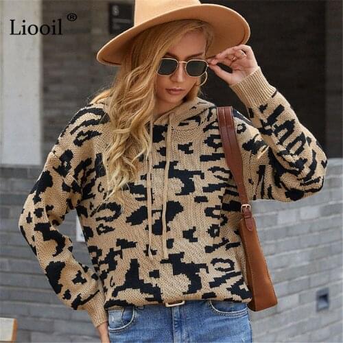 Liooil Leopard Knitted Hoodie Sweater Streetwear Drawstring Long Sleeve Casual Autumn Sweater Pullover For Women Winter Jumpers