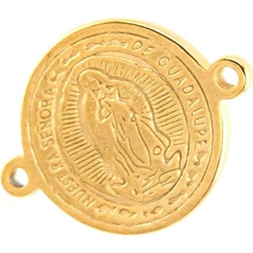 Risul stainless steel Our Lady virgen de guadalupe 14mm small charms gold color medal tags round 2 loops Pendant 50pcs