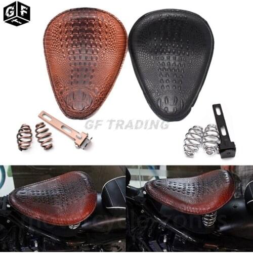 1pcs Motorcycle Retro Brown/Black Crocodile Leather Solo Seat+3" Spring Bracket Universal for Harley Bobber Leather Saddle Seat