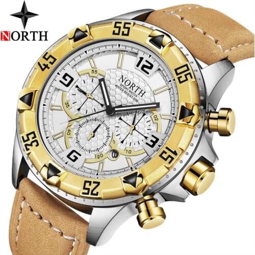 New NORTH Top Brand Luxury Leather Analog Quartz Chronograph Sport Watch Men Casual Military Watches Mens Gift Relogio Masculino
