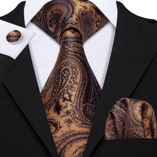 Barry.Wang New Designers Gold Paisley Mens Silk Ties Brown Gravat Tie Hanky Box Set Gifts For Men Wedding Groom Neckties LS-5162