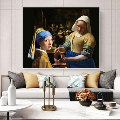 Servant Pouring Milk Wall Art Posters Prints Pictures Pearl Earring Girl Canvas Painting Nordic Bedroom Room Home Decoration