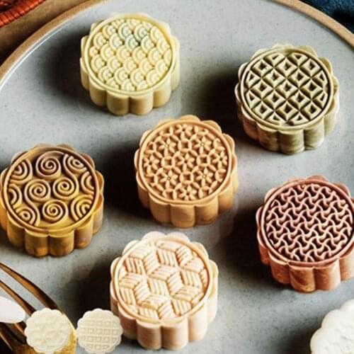2021 New 63g Mooncake Mold 6 Geometric Stamps Cookie Cutter Hand Press Green Bean Cake