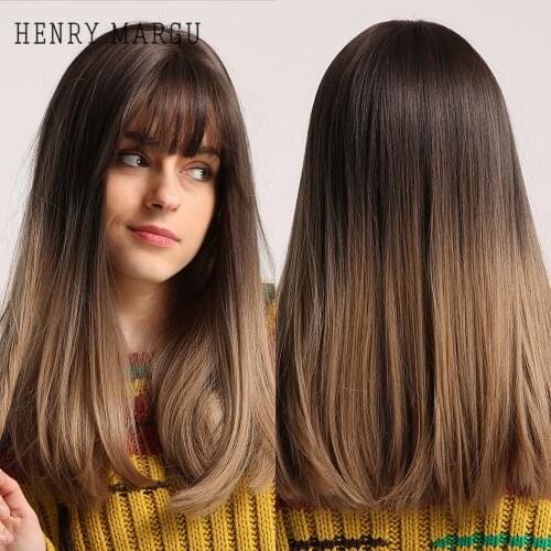 HENRY MARGU Ombre Brown Blonde Wigs with Bangs Long Bob Straight Synthetic Wigs for Black Women Afro Daily High Temperature Wig