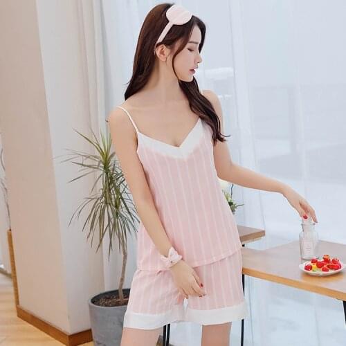 Summer New Pink 2PCS Striped Pajama Sets Ladies Sexy V-Neck Strap Pyjamas Home Wear Ice Silk Shorts Sleepwear Lounge Nightwear