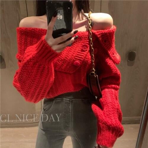 Hi Girl Spring Autumn Buttons Big Turn-down Collar Sweater Long Sleeve Slash Neck Sweaters Loose Sexy Red Knit Pullover Jumpers