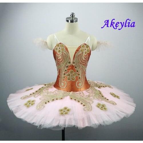 Adult Female Professional Ballet Tutu Costume Gold Orange Ballerina Pancake Tutu Skirt Women Performance Classical Ballet Dress