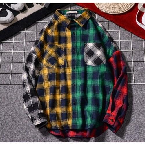 High Street Oversize Hip Pop Men Plaid Shirt Chic Long Sleeve Patchwork Checked Tops Turn Down Collar Pocket Plus Size Shirts