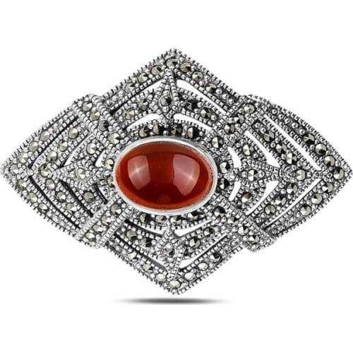 Silver 925 Sterling Natural Stone & Marcasite Brooch & Pendant