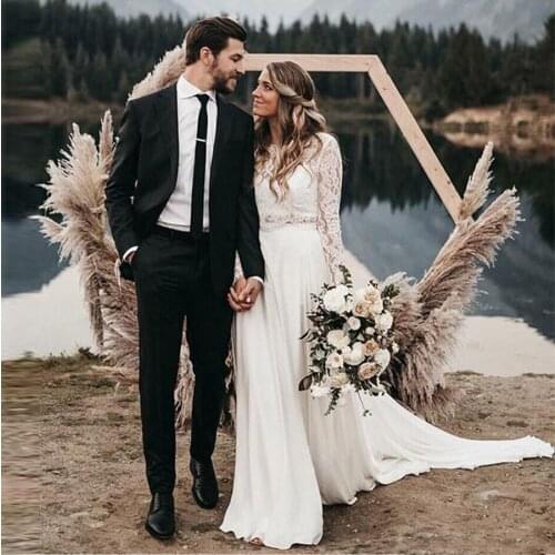 O-neck Top Lace Chiffon Two Piece Wedding Dresses Long Sleeve Sweep Train Beach Wedding Dress vestido de noiva