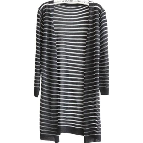 Thin Coat Spring Summer Cardigan Jacket Loose Striped Long Hollow Knit Sun Protection Shirt Sweater Clothing Vestidos LXJ275
