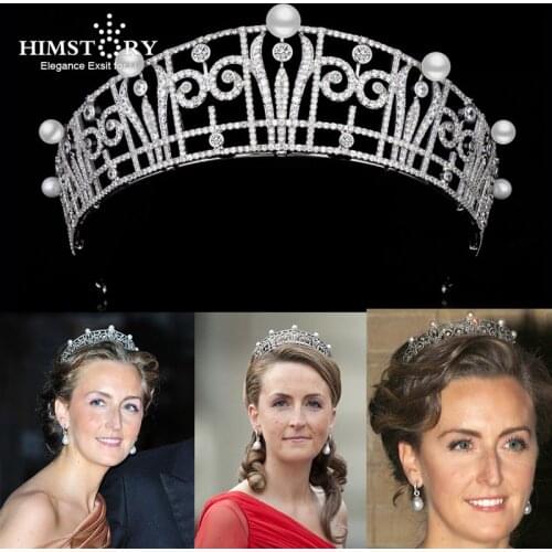 Himstory European Royal Hair Crown Cubic Zircon Tiaras Headband Headdress Pearl Wedding Bridal Party Head Accessories Jewelries