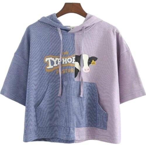 Women Cartoon Print Drawstring Crop Hoodies Contrast Color Pocket Hooded Sweatshirts 2019 Spring Short Sleeve Cotton Pullovers