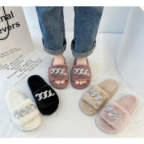 New Women Slippers Chains Fluffy Round Toe Solid Non-Slip Ladies Furry Warm Soft Low Heels Female Flats Concise Winter Bedroom