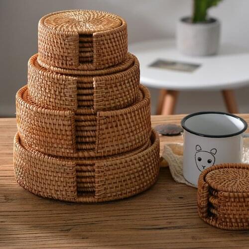 6Pcs Woven Rattan Coasters Dining Table Round Mat Heat Insulation Coffee Drink Cup Placemats with Storage Holder Home Decor