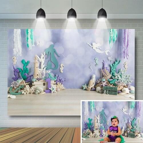 Little Mermaid 1st Birthday Cake Smash Backdrop Girl Kids Undersea Castle Party Banner Fish Baby Portrait Background Photostudio