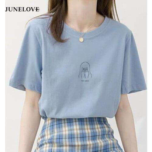 JuneLove Vintage White Cotton Printing Tees Women Casual Short Sleeve Summer Tee Tops Casual Korean Fashion Blogger T-shirt Tops