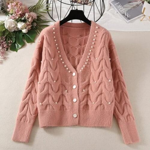 Cardigans Women Knitted Sweater Autumn Winter Long Sleeve V neck Jumper Fashion Sweet Beaded Cardigans Casual Streetwear Sweater