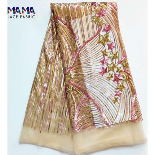 Pink Stars Sequined Embroidered Mesh Tulle Lace Fabrics African French Net Lace Swiss Guinea Wedding Bride Dress Sewing Material