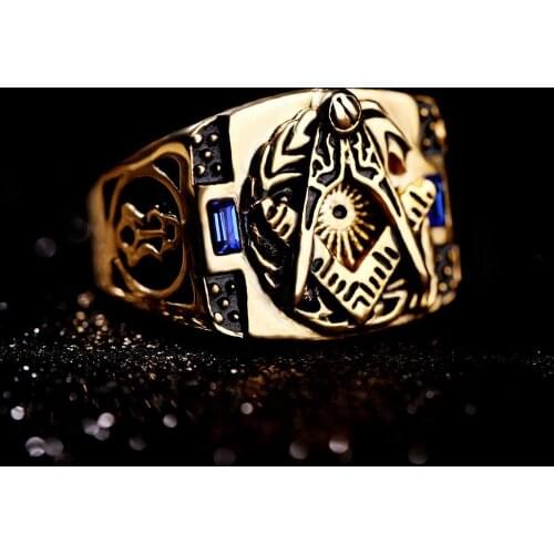 Punk Vintage Past Master Masonic AG Signet blue stone Rings Men Gold Color 316L Stainless Steel Mason Cool Rings For Men Street