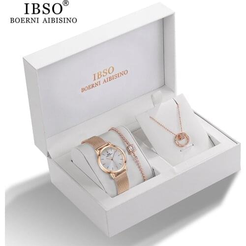 IBSO Women Quartz Watch Set Rose Gold Crystal Design Bracelet Necklace Watch Sets Female Jewelry Set Watch Ladys Wife Mom Gift