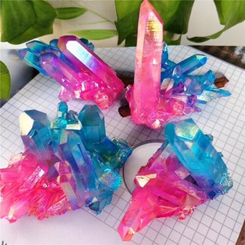 Natural Electroplated Angel Aura Quartz Crystal Cluster Polychromatic Rose Quartz Flower Specimens For Healing Decoration