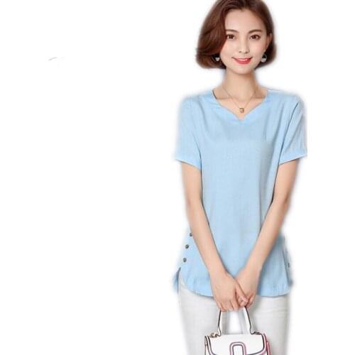 2018 New Summer Cotton And Linen Women T-Shirts Female V-Neck Simple Plus Size 4XL Tops Medium-Long Short Sleeve T-Shirts Q069