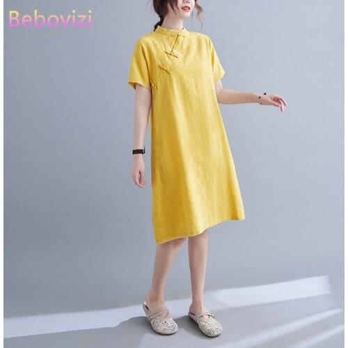 Cotton Linen Yellow Pink White Blue Loose Modern Cheongsam Oriental Dress Women Short Sleeve Qipao Traditional Chinese Clothes