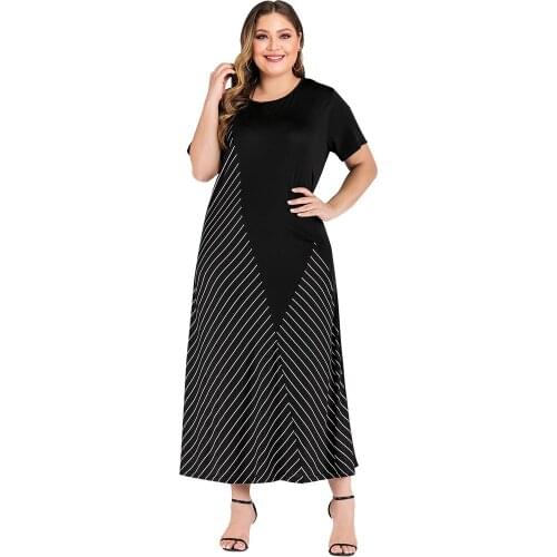Spring Summer Dresses for Women XL To 4XL Plus Size Dress Striped Stitching Loose Casual Long Maxi Dress Black TJR102