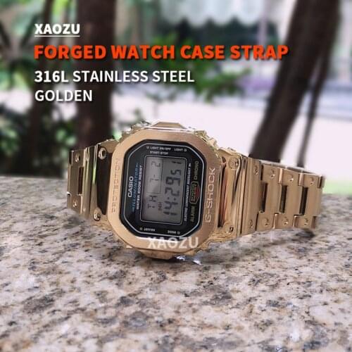 XAOZU Watch Strap For G-Shock DW5600 5610 G5600-E Watch Case 316L Stainless Steel Watch Bezel For gw5000/5035 Gold case bands