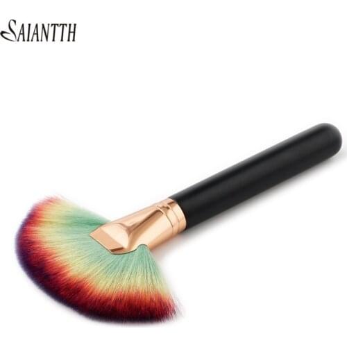 SAIANTTH rainbow color Single makeup brushes beauty tool fan-shaped foundation brush round powder brush high-end wooden handle