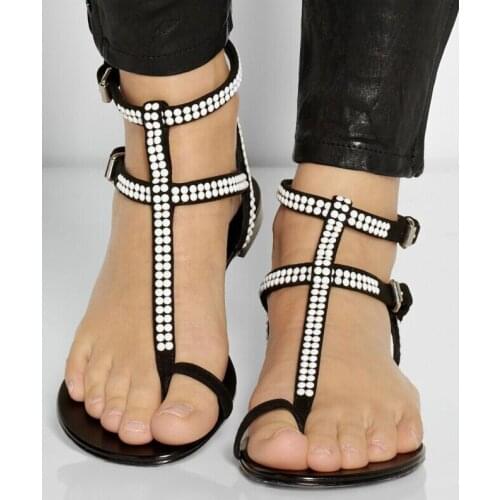 Woman White Beads Rivets T-Straps Sandals Women Flat Clip Toe Cut Out Ankle Buckle Beach Vacation Sandalias Shoes