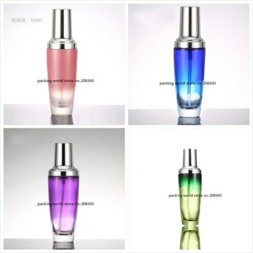 50ml purple/blue/green/pink glass bottle with silver pump for lotion/emulsion/serum/foundation skin care Cosmetic Packaging