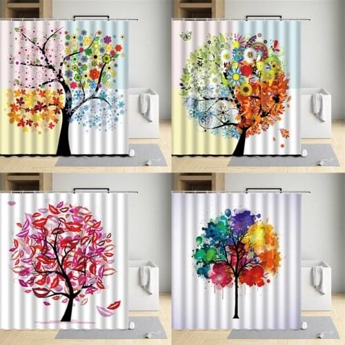 Colorful Tree Shower Curtain Flower Plant Sunflower Animal Butterfly Deer Bathroom Decoration Polyester Waterproof Belt Hooks
