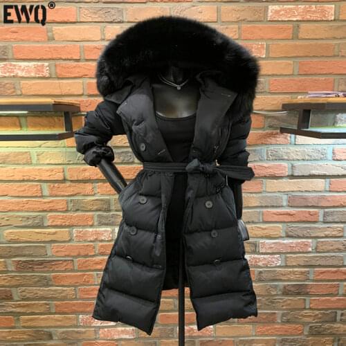 [EWQ] Korea Chic Casual Trendy Women Fur Collar Double-breasted Lace-up Fashion Lace-up Warm Cotton Jacket Winter 2021 16E2299