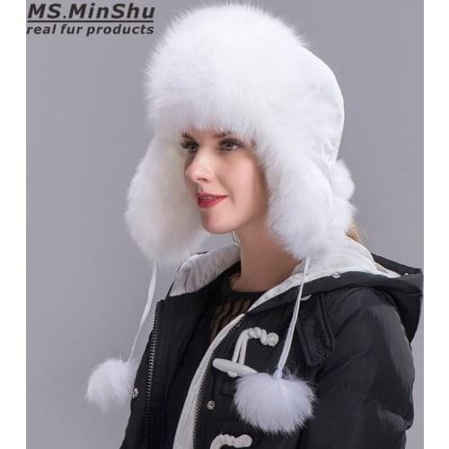 Ms.MinShu Fox Fur Hat Womens Genuine fox fur Trapper Hat with pom pom Russian Fur Hat Unisex Winter Earflap Natural Fox Fur Cap