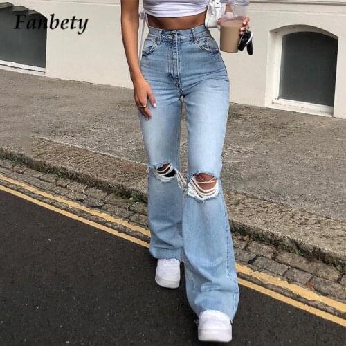 New Casual Wide Leg Pants Ladies Jean Long Pants Fashion Street Style Ripped Jeans Women 2021 Autumn Vintage Solid Denim Trouser