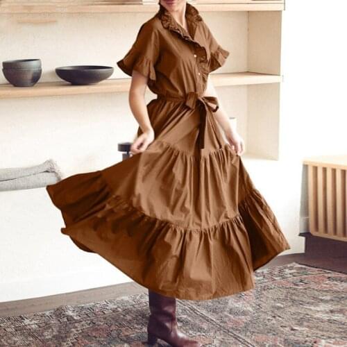 2021 Fashion Solid Color Long Dress Ladies Elegant Lapel Tie Ladies Dress Retro Single-breasted Ruffled Fashion Slim Dress New