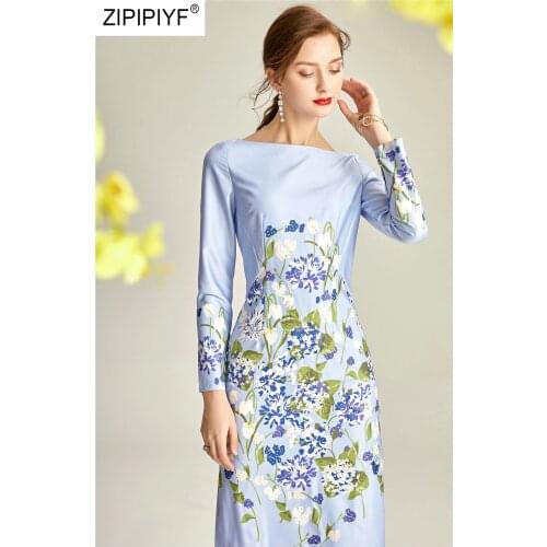 2019 Autumn Fashion High Quality Vintage Dress Long Sleeve Elegant Print Knee-Length O-Neck Office Ladies Pencil Dress YIN08