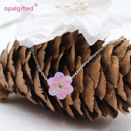 1pc Pink Plum flower with cz necklace women synthetic opal necklace chokers sterling silver 925 necklace stone fashion jewelry