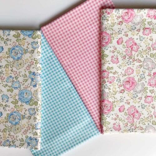 160CM*50CM cotton cloth elegant PINK BLUE rose flowers floral check fabric for DIY kid bedding apparel dress handwork decoration