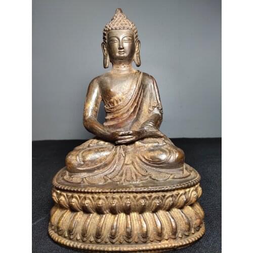 9" Tibet Buddhism Old Bronze Cinnabars Amitabha Buddha Statue Ancestor of ten thousand buddhas Enshrine the Buddha